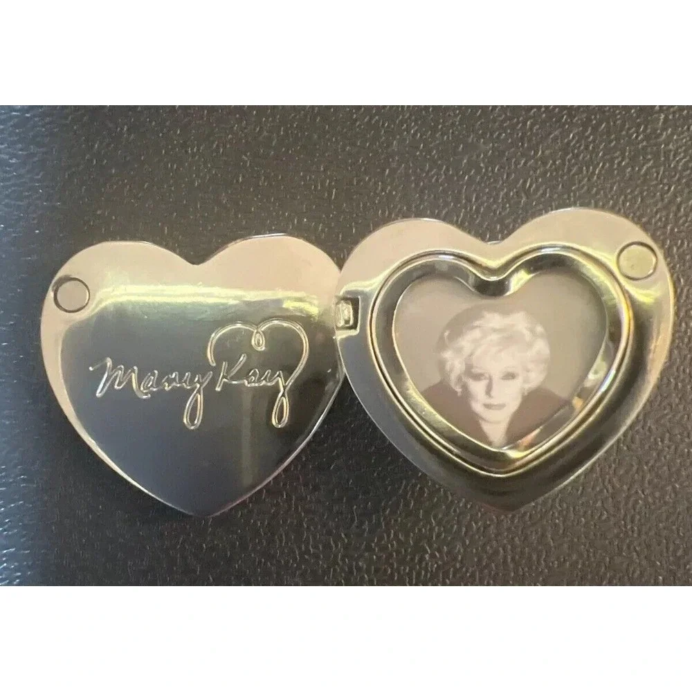 Vtg Mary Kay ❤️ Rhinestone Heart Photo Locket Pink & Silver‎ Tone Lapel Pin